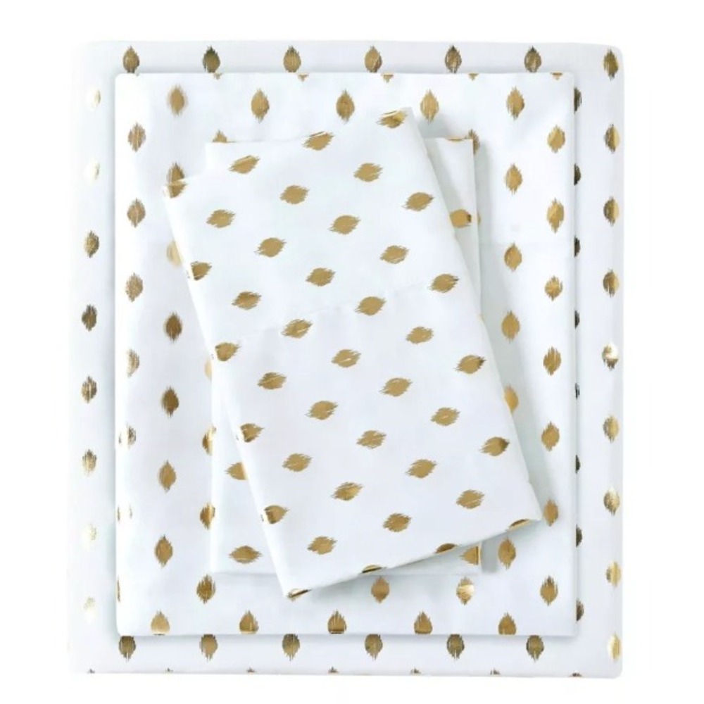 Intelligent Design Twin XL Metallic Dot Printed Sheet Set White Gold Microfiber